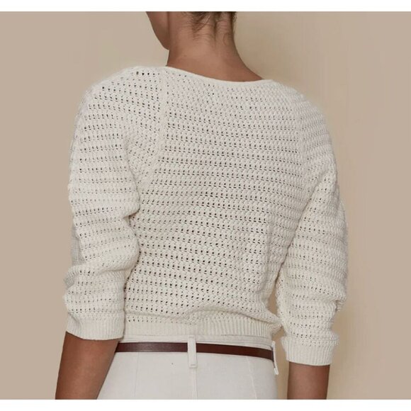 Le Jean NWT Linen Crochet Top in Sand Size 4 Half Sleeve Sweetheart Neckline - Picture 2 of 11